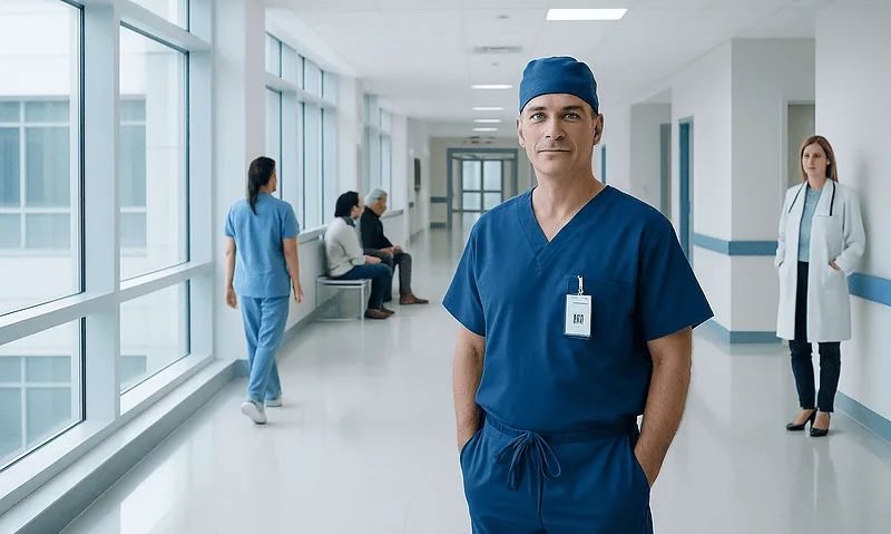 Surgeon in blue scrubs standing in hospital corridor with staff and patients.
