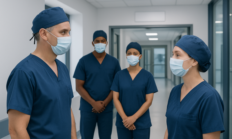 Medical team in surgical scrubs and masks in hospital corridor.