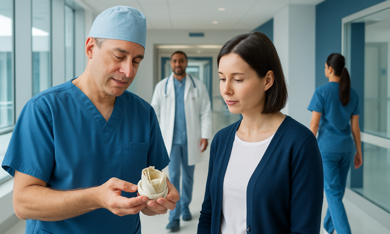 Surgeon explaining a heart valve model to a patient in hospital corridor.