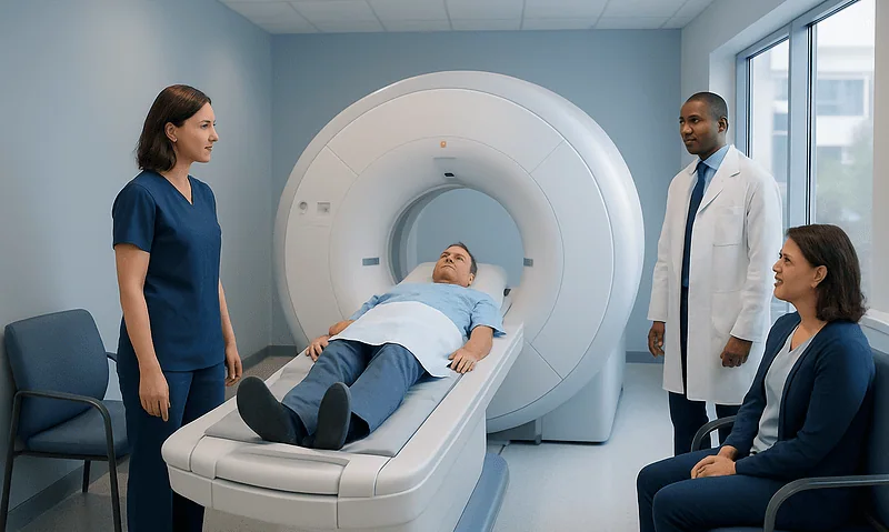 Patient undergoing MRI scan at Acibadem Hospital with medical staff present.