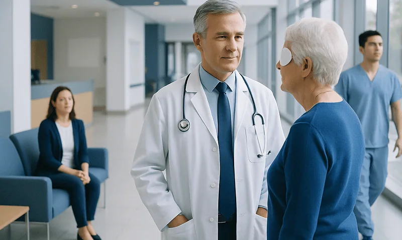 Doctor consulting elderly patient in hospital lobby.