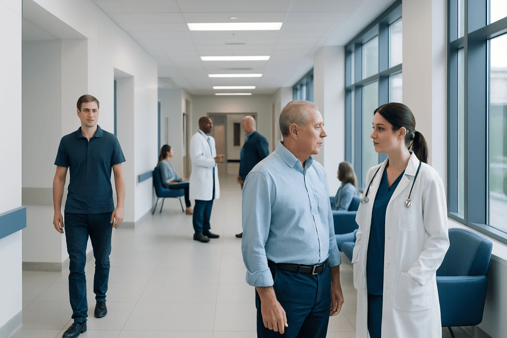 TAVR Valve: An Evidence-Based Patient Guide 1 Patients and medical staff in a modern hospital corridor.