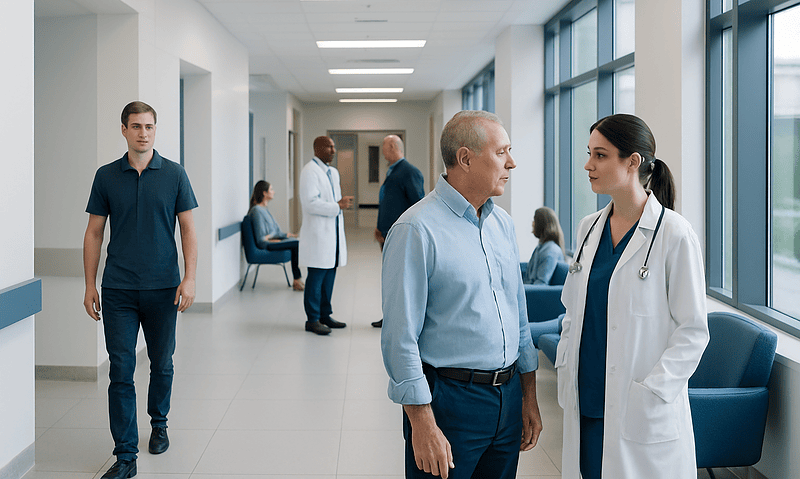Patients and medical staff in a modern hospital corridor.