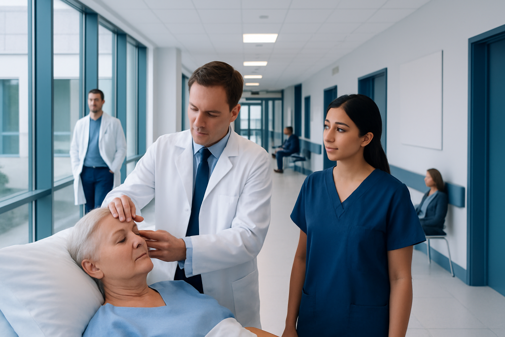 Temporal Artery Biopsy: Procedure, Recovery and Results 1 Doctor examining elderly patient's forehead in hospital corridor.