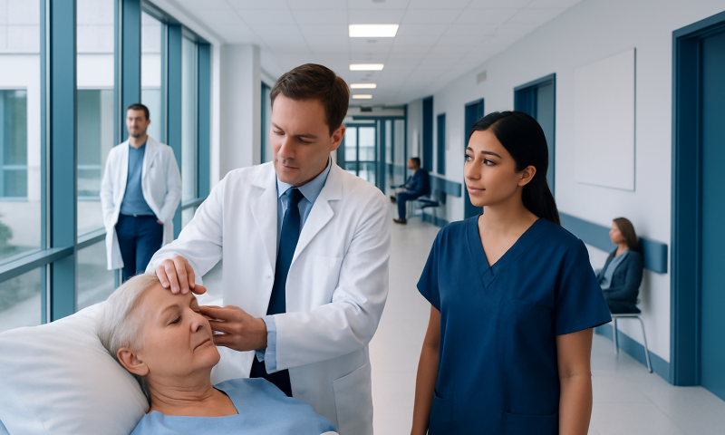 Doctor examining elderly patient's forehead in hospital corridor.
