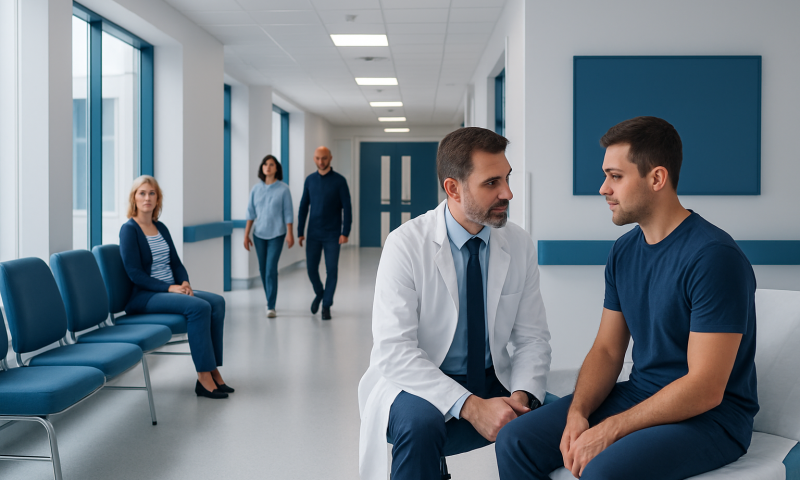 Doctor consulting with patient in hospital corridor.