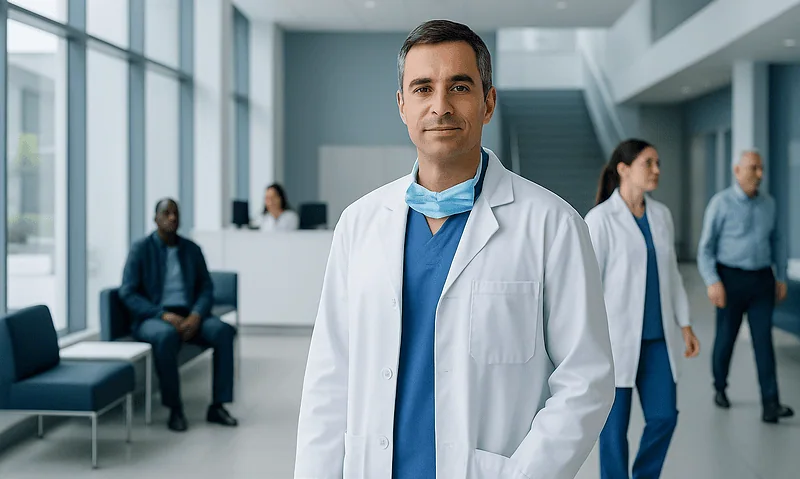What Is a Thoracic Surgeon: An Evidence-Based Patient Guide 8 Thoracic surgeon in hospital lobby with medical team in background.