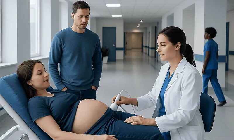 Tof Ultrasound: Preparation, Procedure and Results 9 Pregnant woman undergoing ultrasound exam in hospital corridor.