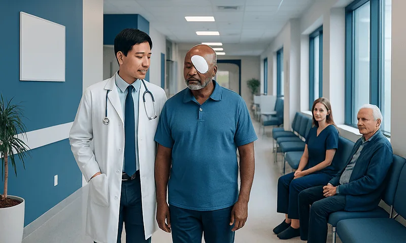 Doctor consulting with patient in hospital corridor with waiting area.
