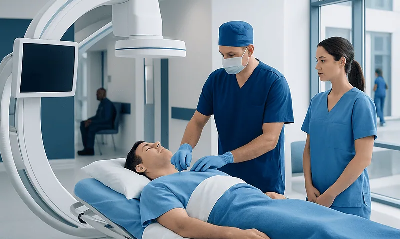Medical team preparing for transjugular liver biopsy procedure in hospital.
