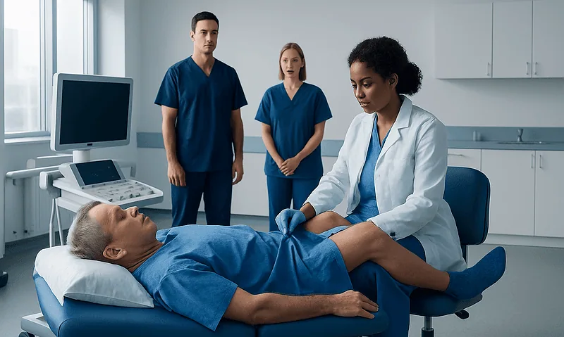 Doctor performs prostate exam on patient in hospital room with medical staff observing.