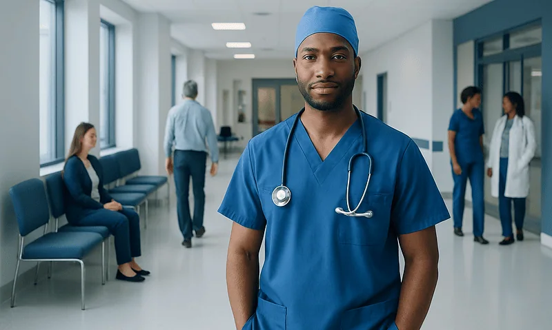 Skilled trauma surgeon in hospital corridor with medical staff in background.