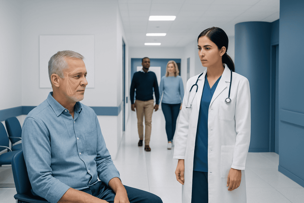 Trigeminal Nerve Block: An Evidence-Based Patient Guide 1 Doctor discussing treatment options with an elderly patient in hospital corridor.