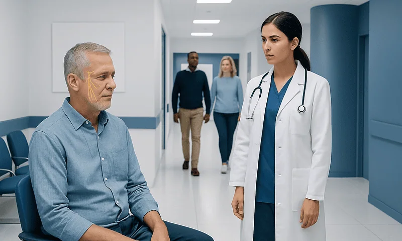 Doctor discussing treatment options with an elderly patient in hospital corridor.