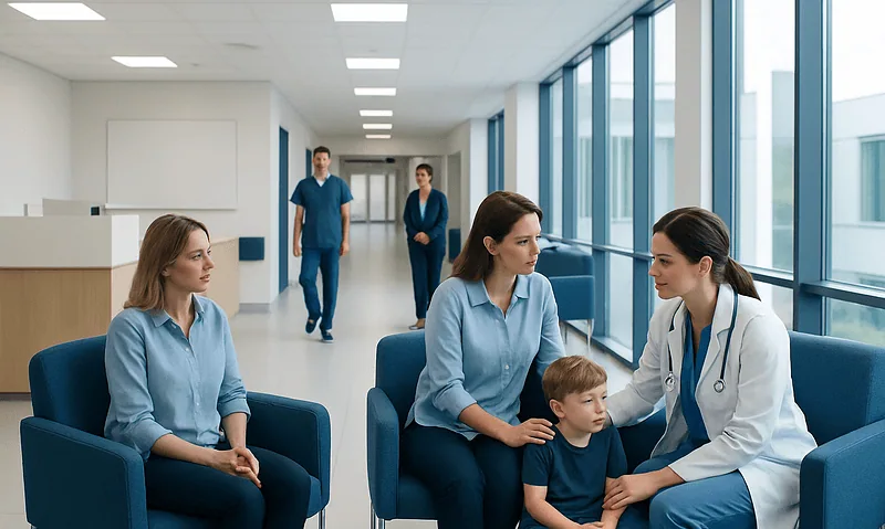 Pediatric consultation in a modern hospital corridor with a doctor and young patient.