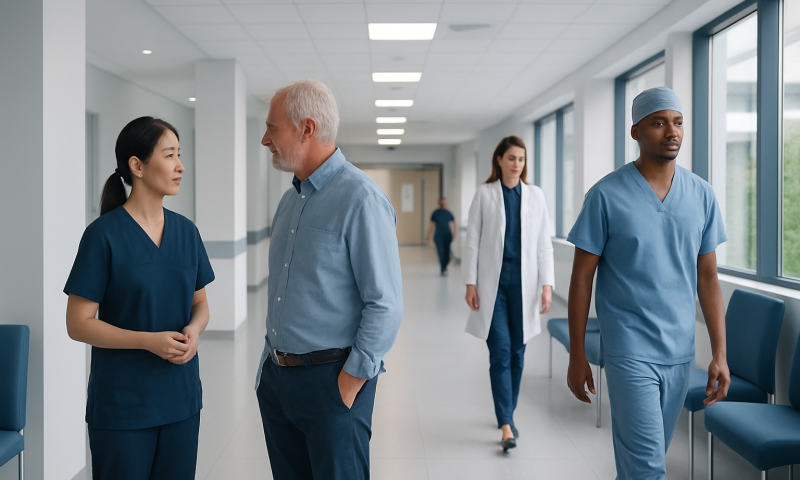 Medical staff and patient in hospital corridor at Acibadem Hospitals Group.