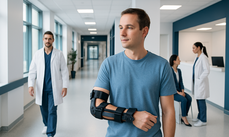 UCL Brace: An Evidence-Based Patient Guide 4 Patient with arm brace in hospital corridor at Acibadem Hospitals Group.