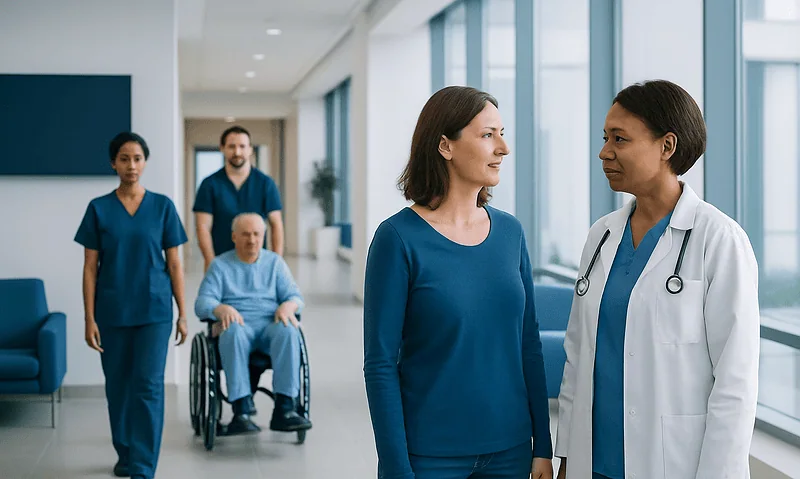 Hospital staff and patient in a modern healthcare facility corridor.