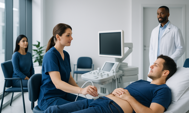 Doctor performing ultrasound examination on male patient in hospital room.