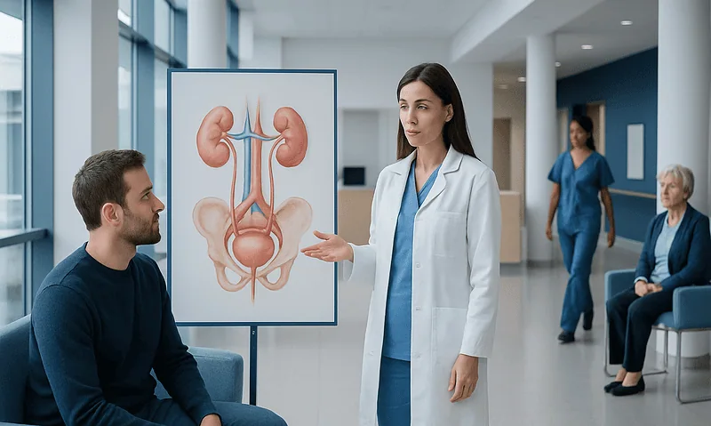 What Is a Urogenital Implant: An Evidence-Based Patient Guide 13 Urological consultation with doctor explaining anatomy to patient in hospital.