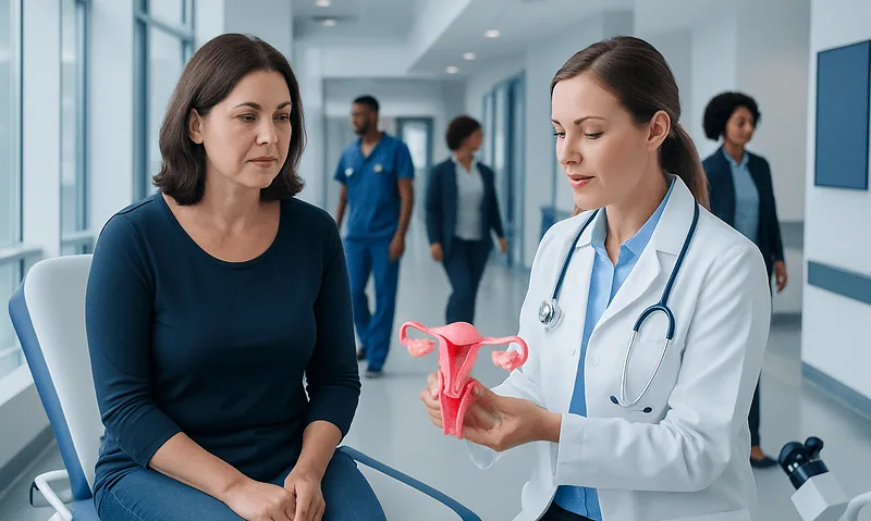 Doctor explaining uterine anatomy to a patient in a hospital corridor.