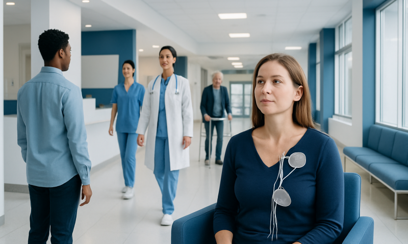 Patient in hospital corridor with medical staff and doctor in background.