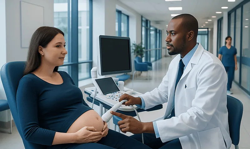 Doctor performing ultrasound on pregnant woman in hospital.