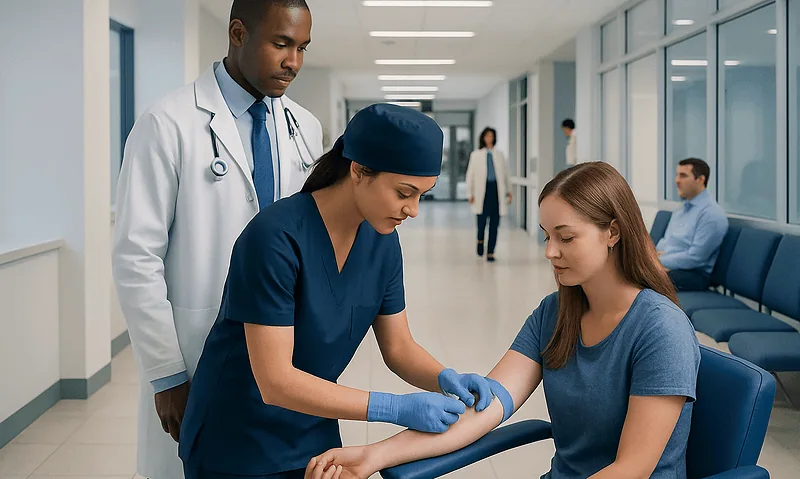 Healthcare professional preparing a patient's arm for venipuncture in hospital corridor.