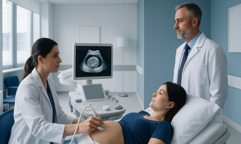 Doctor performing ultrasound on pregnant woman in hospital.