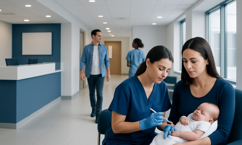 Pediatric nurse administering injection to baby in hospital corridor.