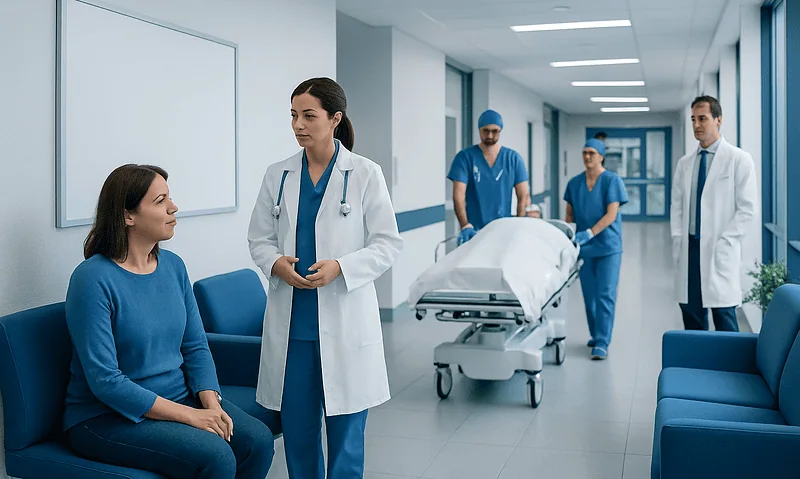 Medical team discussing patient care in hospital corridor.