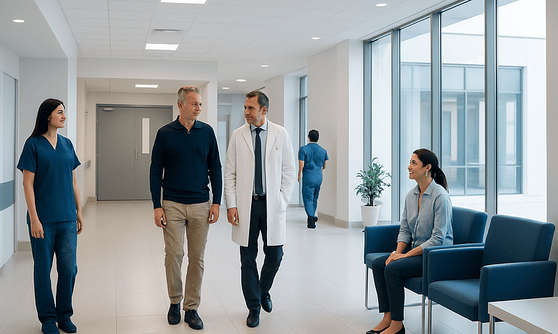 Medical professionals and patient in a modern hospital corridor.