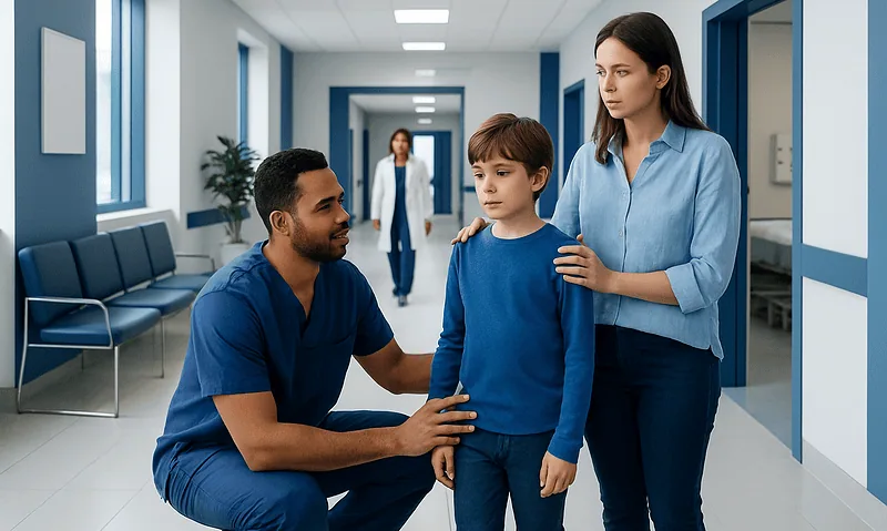Pediatric consultation in a hospital corridor with a doctor, mother, and child.