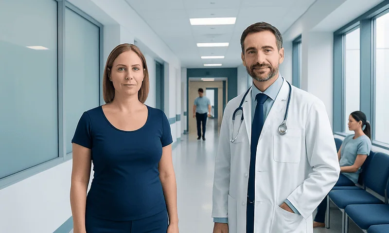 Doctor and patient in hospital corridor, healthcare setting.