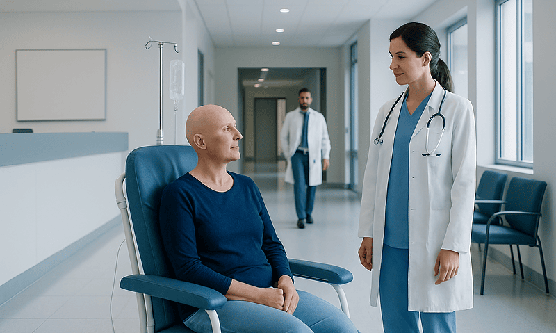 Patient and doctor discussing treatment in hospital corridor.