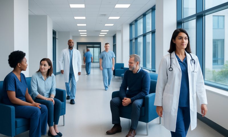 Medical team and patients in a modern hospital corridor.