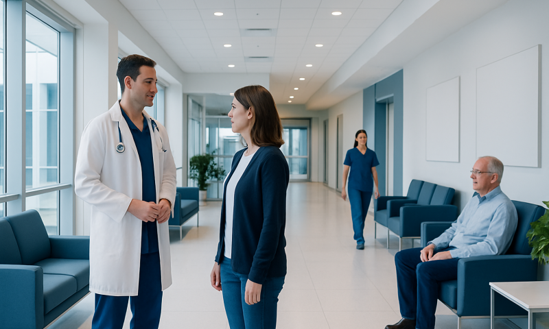 Doctor and patient talking in hospital corridor with waiting area.