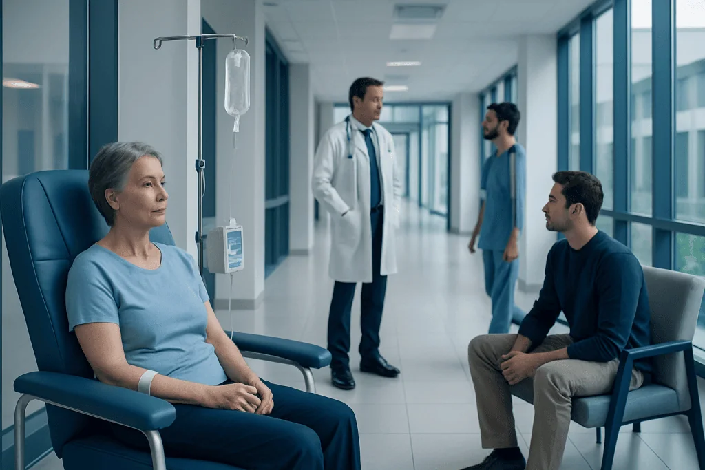 Adenocarcinoma Chemotherapy Treatment: How It Works, Results and What to Expect 1 Patient in hospital corridor with medical staff discussing treatment options.