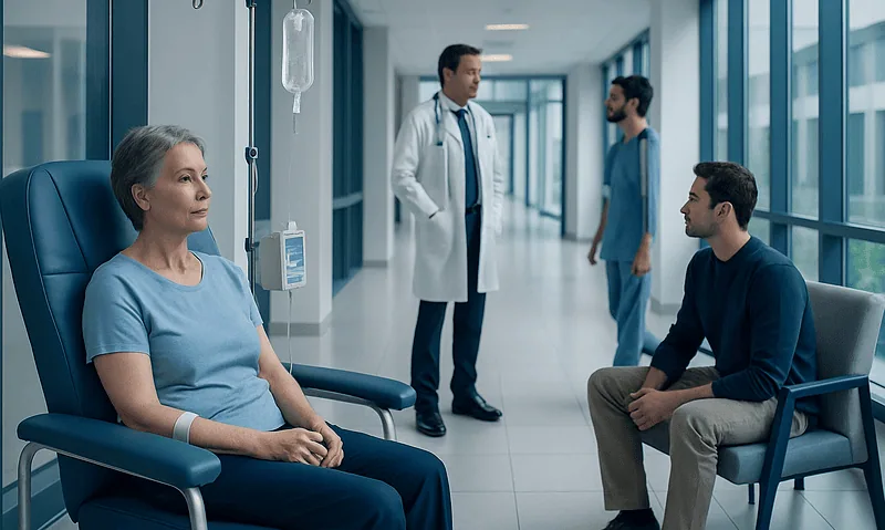 Patient in hospital corridor with medical staff discussing treatment options.