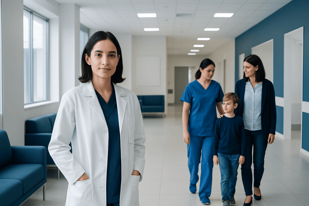 Adnoid Removal: Procedure, Recovery and Results 1 Healthcare professional in white coat with patients in hospital corridor.
