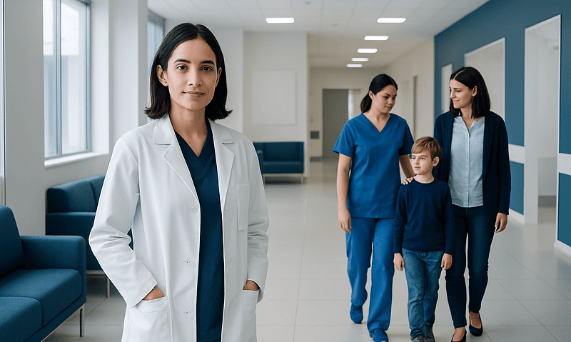 Healthcare professional in white coat with patients in hospital corridor.