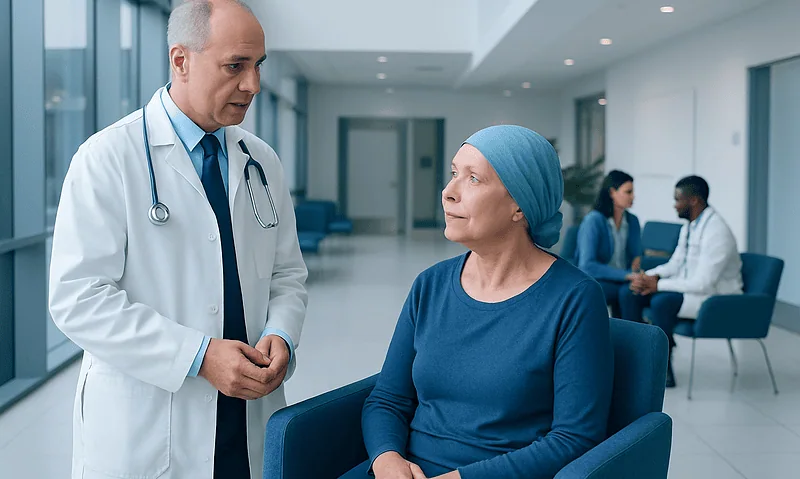 Doctor consulting with a female patient in a modern hospital corridor.