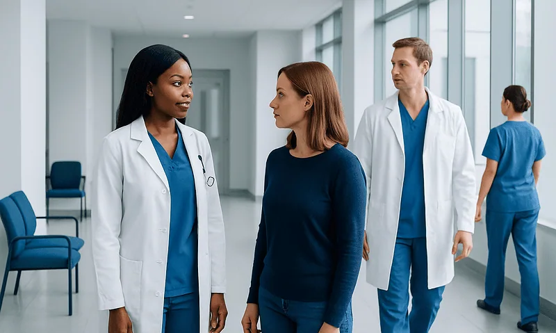Medical professionals and a patient in a hospital corridor.