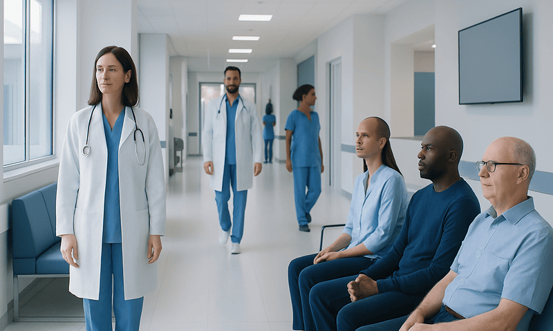 Medical professionals and patients in a hospital corridor at Acibadem Hospitals Group.