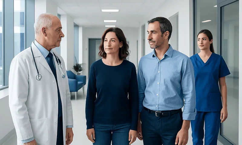 Medical team discussing patient care in hospital corridor.