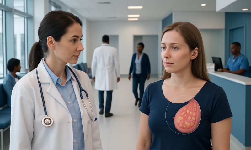 Doctor consulting patient with breast abscess illustration in hospital setting.