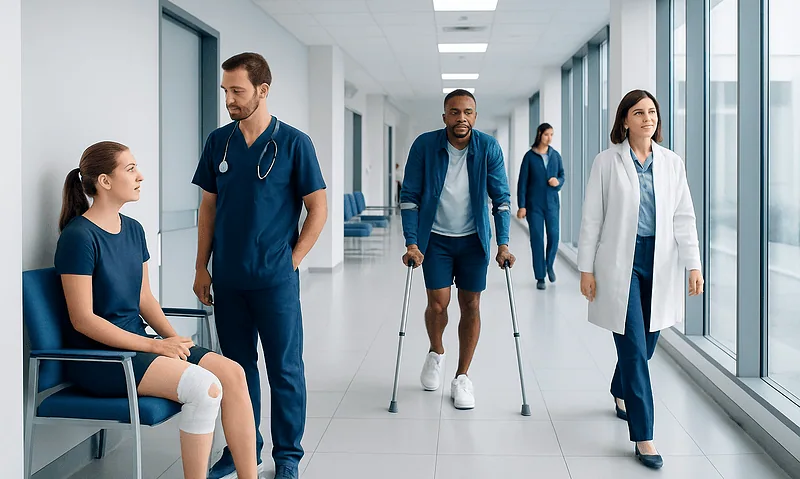 ACL Repair Protocol: Procedure, Recovery and Results 12 Medical team consulting a patient in a hospital corridor.