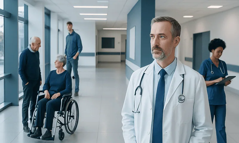 Medical team and patient in hospital corridor at Acibadem Hospitals Group.