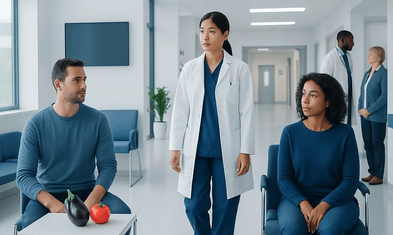 Patients in a hospital waiting area with a healthcare professional.