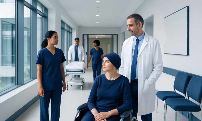 Medical team consulting a patient in a hospital corridor.